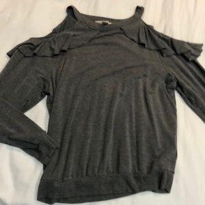 Dark gray cold shoulder long sleeve shirt.